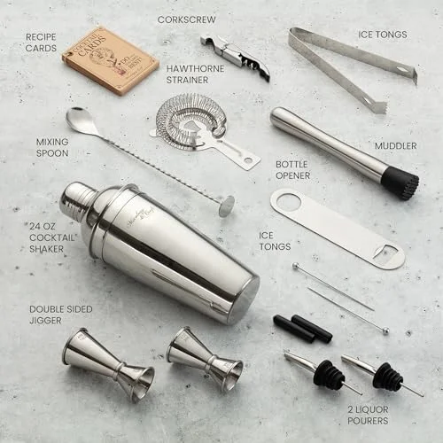 Mixology & Craft All-in-One Stainless Steel Cocktail Shaker Kit with 24 oz Cobbler Shaker, Includes Strainer, Muddler, Spoon, Jiggers, Pourers, Picks, Tongs, Bottle Opener - Gift-Ready Package Tube — 2