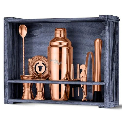 Mixology & Craft Rustic Cocktail Shaker Set – Includes Wood Stand, Complete Barware Kit with 24 Oz Shaker, Dual Jiggers, Pourers, Muddler, Strainer – Perfect for Home Bartenders (Copper)