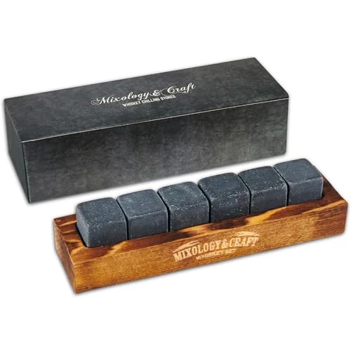 Mixology & Craft Whiskey Stones - Cube-Shaped Granite Chilling Whiskey Rocks Set of 6, Whiskey Gifts for Men and Christmas Stocking Stuffers - Dark Granite