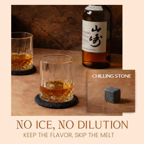 Mixology & Craft Whiskey Stones Gift Set: with Two 10oz Lead-Free Crystal Whiskey Glasses, 8 Whiskey Stones with Velvet Bag, 2 Slate Coasters & Recipe Cards in Wooden Crate | Great — 4