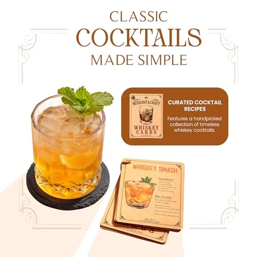 Mixology & Craft Crystal Whiskey Decanter Set 24oz With Glasses & Chilling Stones – Features Stainless Steel Whiskey Balls, Slate Coasters, Metal Tongs & Recipe Cards – Ideal Gift for Fathers — 3