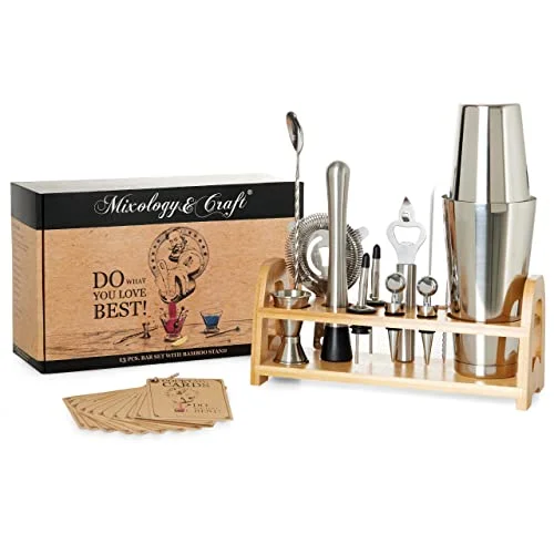 Mixology & Craft Bartender Kit - 13 Piece Set Including Stainless Steel Cocktail Making with Bar Stand & Boston Shaker, Perfect for Drink Mixing at Home, Plus Exclusive Recipe Cards