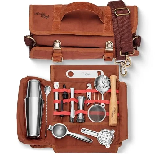 Mixology & Craft Travel Bartender Kit Bag | 17-Piece Copper Bar Tool Set with Tote Bag & Shoulder Strap for Portable Home Cocktails, Parties | Complete Bartender Tools Kit in Bag for Travel Bar