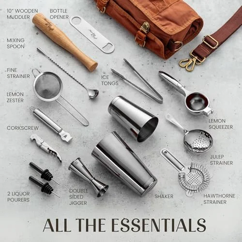 Mixology & Craft Travel Bartender Kit Bag | 17-Piece Copper Bar Tool Set with Tote Bag & Shoulder Strap for Portable Home Cocktails, Parties | Complete Bartender Tools Kit in Bag for Travel Bar — 2